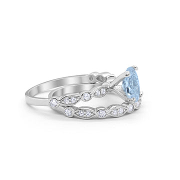 Two Piece Band Engagement Ring Oval Simulated Aquamarine CZ 925 Sterling Silver